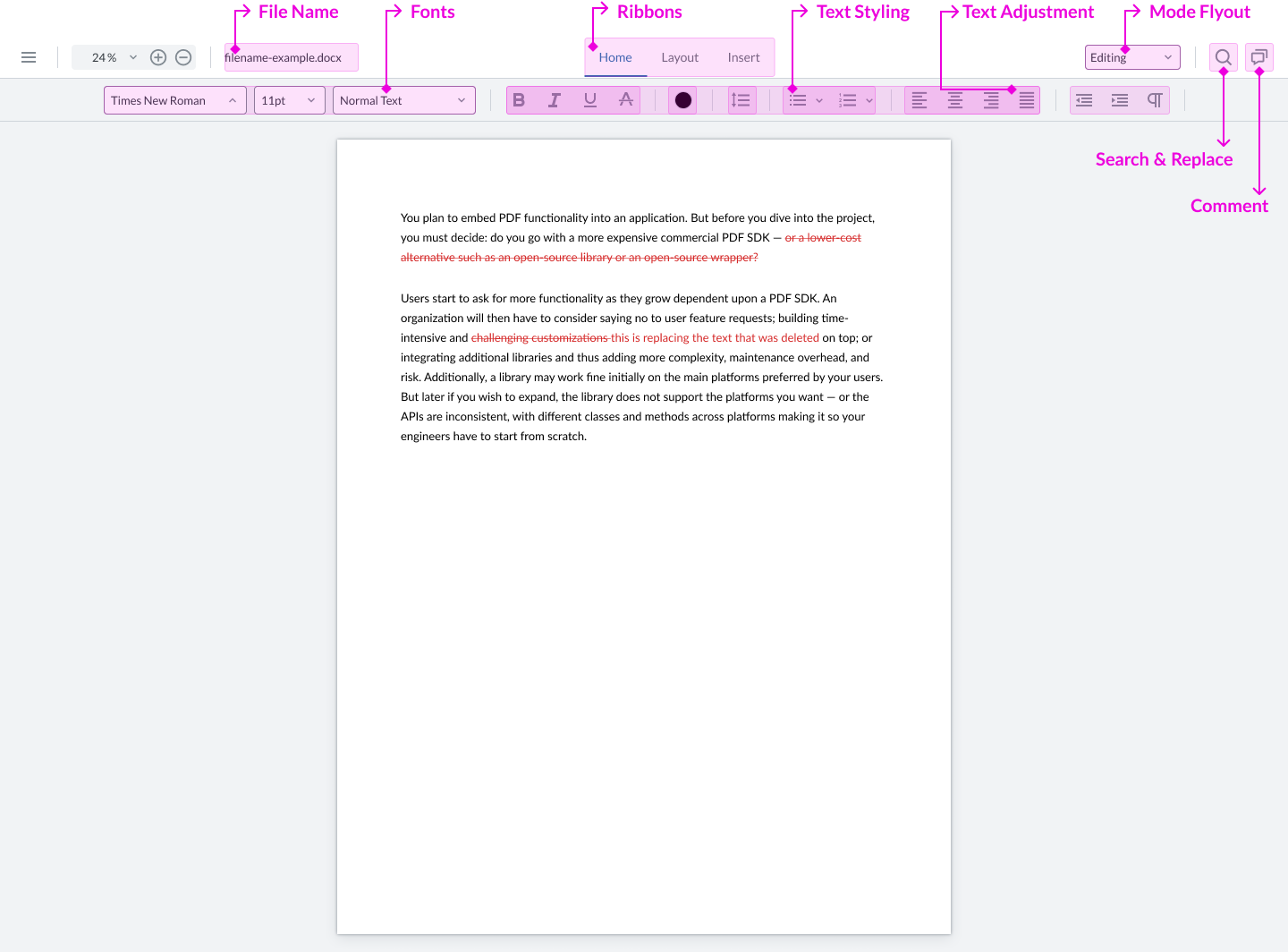 The Home ribbon for the DOCX Editor