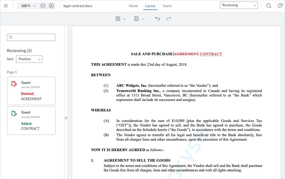 DOCX Editor with tracked changes and a sidebar showing added and deleted content.