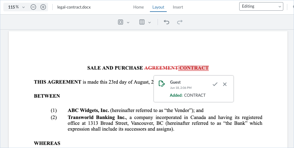 DOCX Editor with an inserted tracked change and a pop-up to accept or reject it.