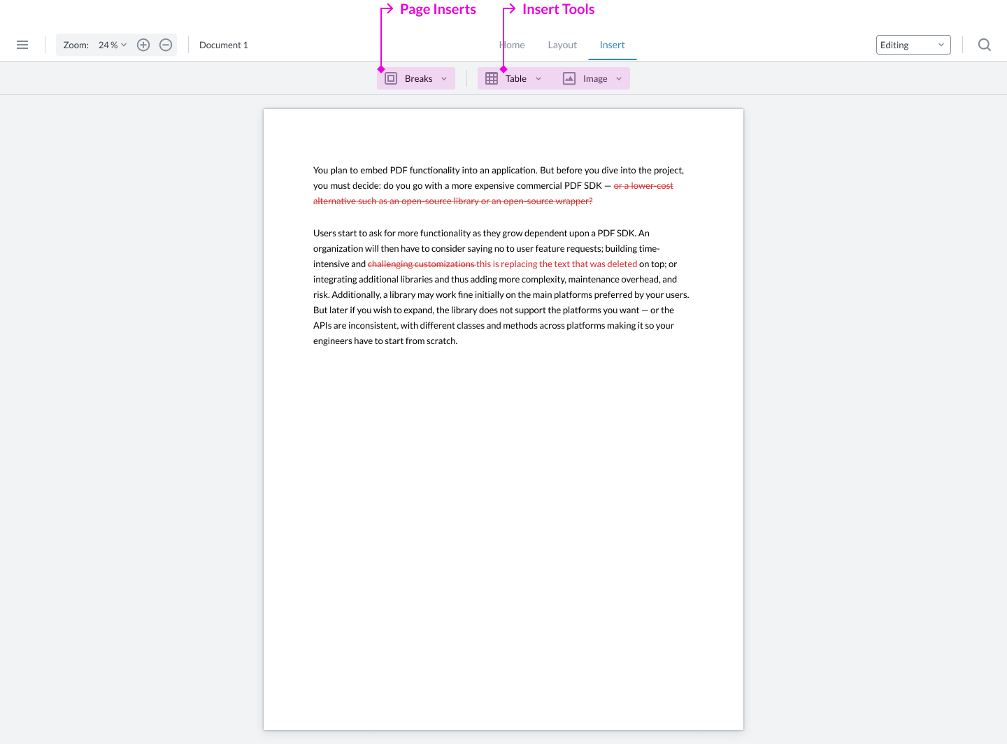 The Insert ribbon for DOCX Editor