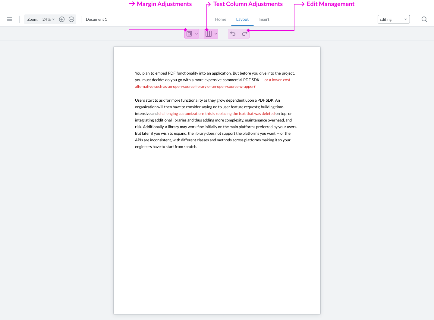 The layout ribbon of DOCX Editor